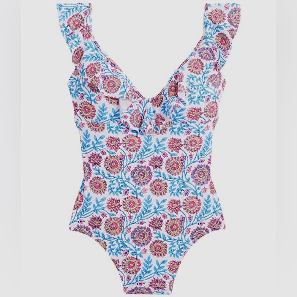 J.CREW Eco Castillo Floral Ruffle Tank One Piece Swimsuit White/blue NWT
